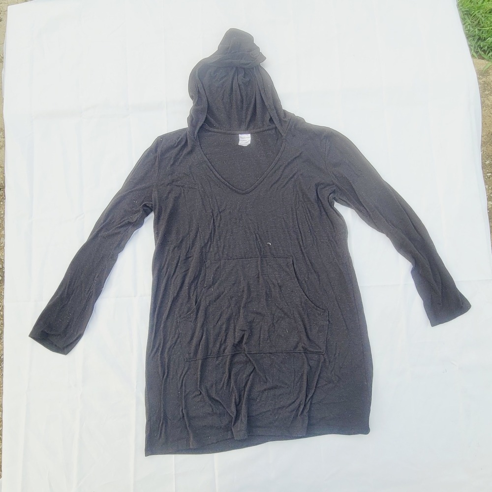 Merona V-Neck Hooded Tunic Pullover Women's XL Black Kangaroo Pocket Long Sleeve